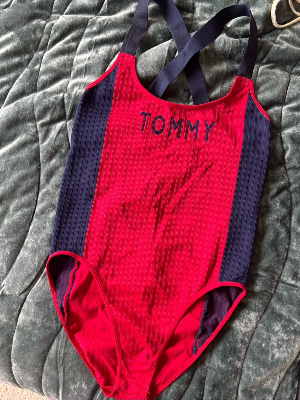 Tommy Hilfiger Red and Navy Ribbed One-Piece Bodysuit